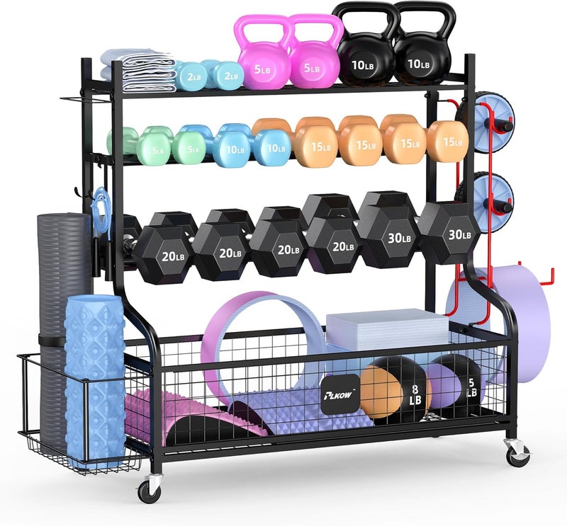 PLKOW Dumbbell Rack, Weight Rack for Dumbbells, Home Gym Storage for Dumbbells Kettlebells Yoga Mat and Balls, All in One Workout Storage with Wheels and Hooks, Powder Coated Finish Steel - Image 1